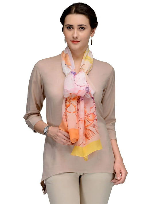 Peach and Pink Apricot Floral Silk Chiffon Stole | Designer Botanical Scarf