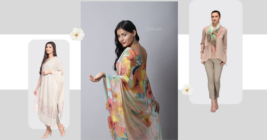 Ihkar products cotton silk scarF pure silk sarees in floral flanked by wool sworski cashmere wool stoles luxury premium drapes