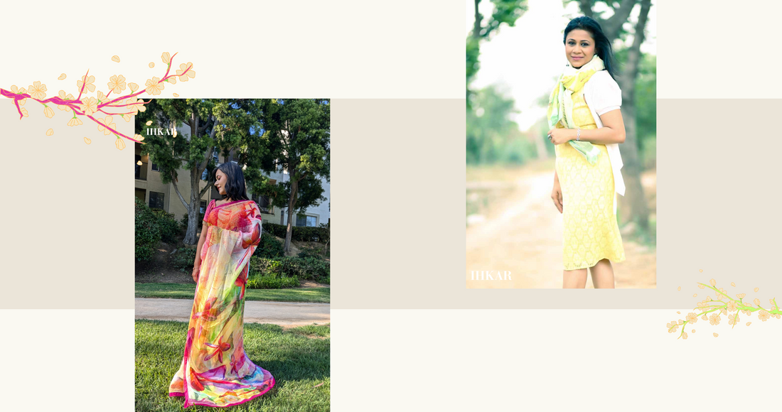 Silk chiffon saree  with floral prints and cashmere wollen stole styled for women outdoors