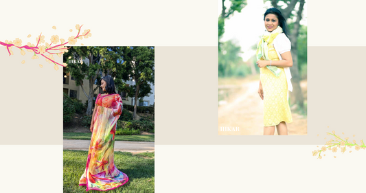 Silk chiffon saree  with floral prints and cashmere wollen stole styled for women outdoors