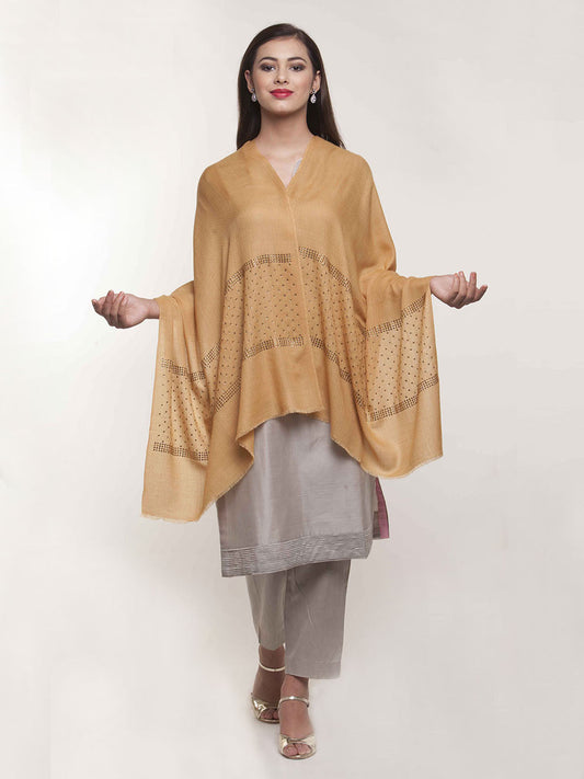 Mustard ochre cashmere wool stole with Swarovski geometric sparkle design