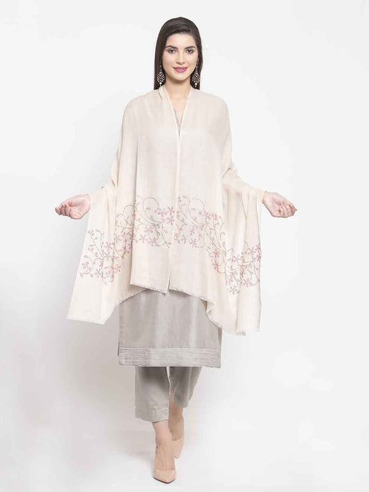 Ivory cream cashmere stole with Swarovski floral bloom in two colours