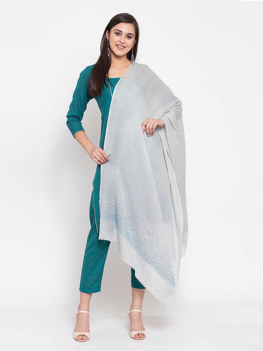 Icy blue cashmere stole with Swarovski star sparkle embellishment, styled for party and festive wear