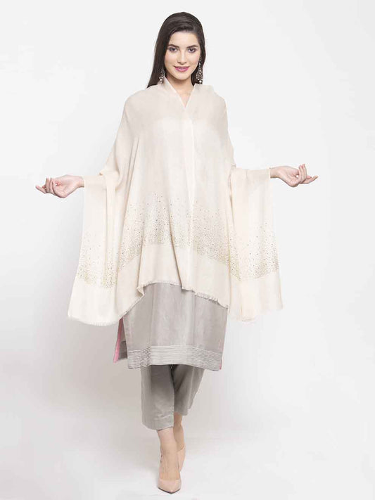 Ivory cashmere wool stole with Swarovski starry sparkle pattern