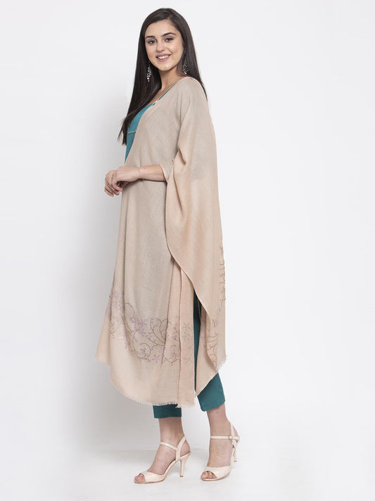 Beige cashmere stole with Swarovski floral bloom in dual tones