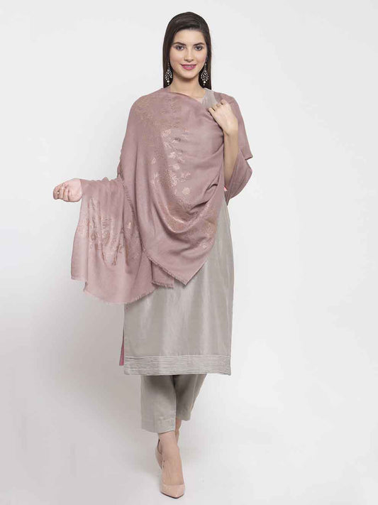 Dark rose nude beige cashmere stole with Swarovski rose floral vine pattern