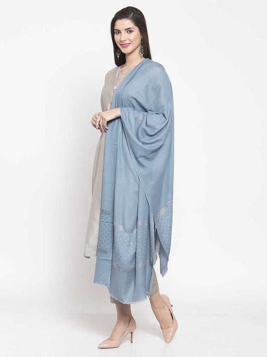 Pastel blue cashmere wool stole with Swarovski geometric crystal lines for festive and party styling