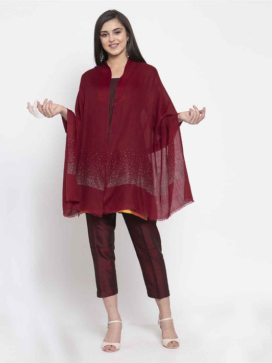 Deep maroon red cashmere stole with Swarovski sparkle for festive and party wear