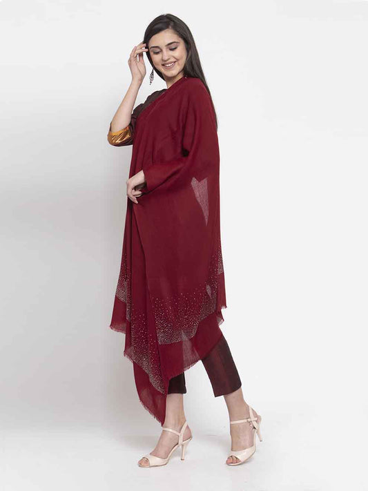 Deep maroon red cashmere stole with Swarovski sparkle for festive and party wear