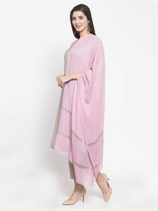 Pastel pink cashmere stole with Swarovski geometric lines for festive elegance