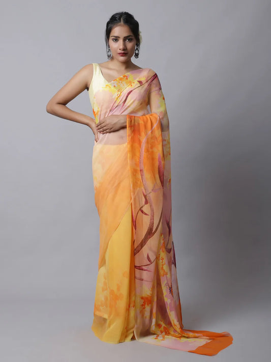 Amber Silk Chiffon Saree with vibrant yellow tones