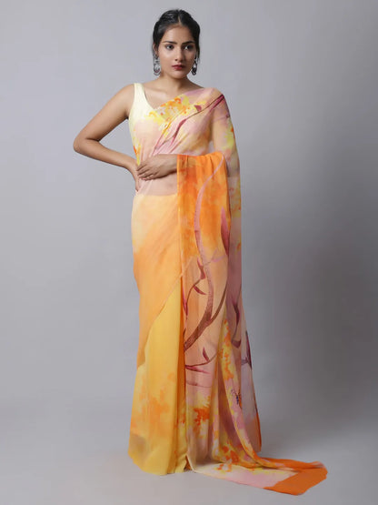 Amber Silk Chiffon Saree with vibrant yellow tones