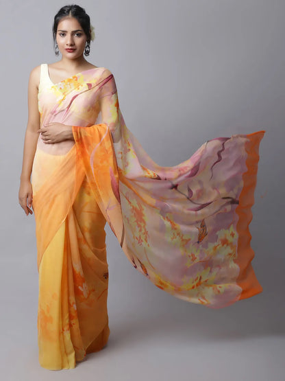 Amber Silk Chiffon Saree with vibrant yellow tones