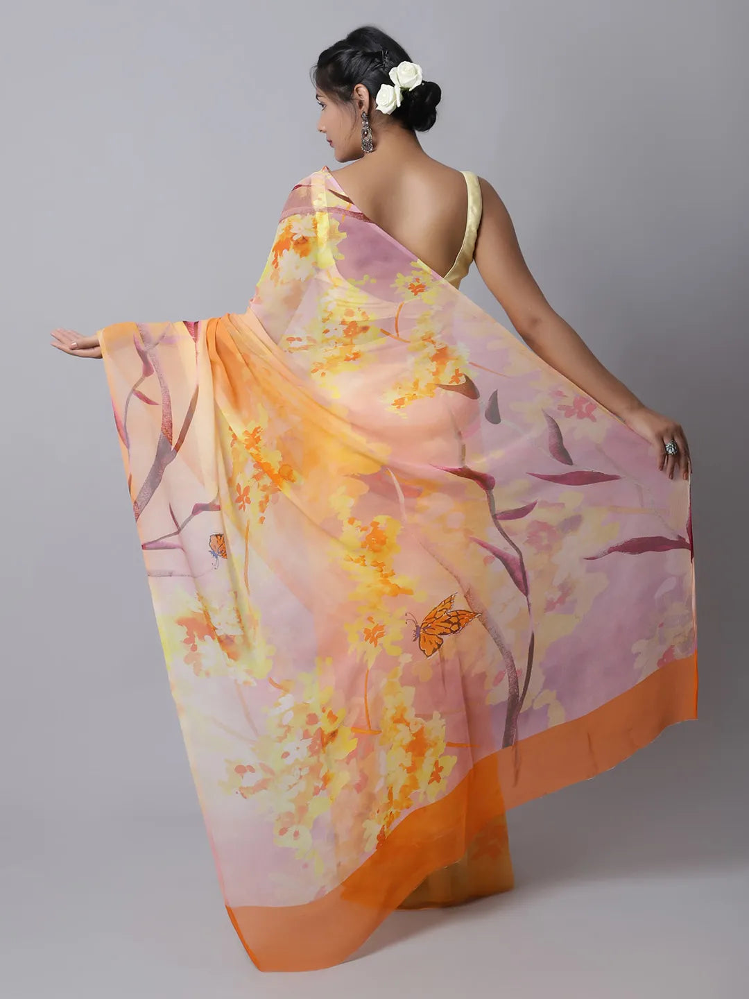 Amber Silk Chiffon Saree with vibrant yellow tones