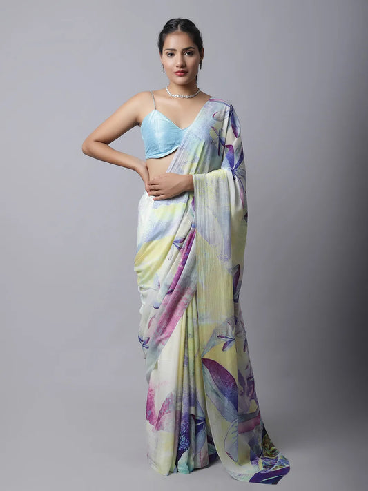 Angelfalls Crepe Saree - Soft Pastel Floral Modal Silk Crepe Saree