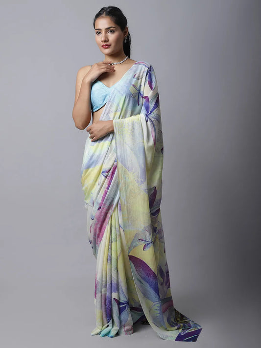 Angelfalls Crepe Saree - Soft Pastel Floral Modal Silk Crepe Saree