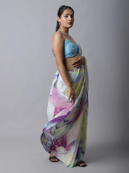 Angelfalls Crepe Saree - Soft Pastel Floral Modal Silk Crepe Saree