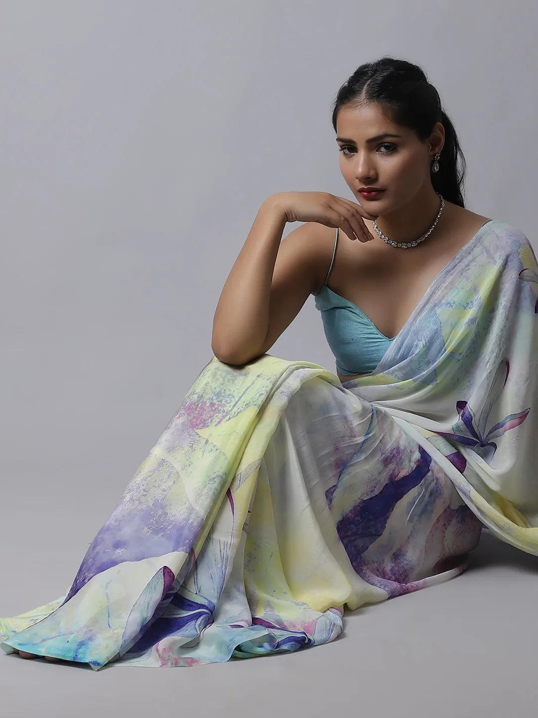 Angelfalls Crepe Saree - Soft Pastel Floral Modal Silk Crepe Saree