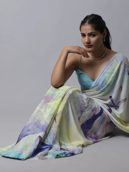Angelfalls Crepe Saree - Soft Pastel Floral Modal Silk Crepe Saree