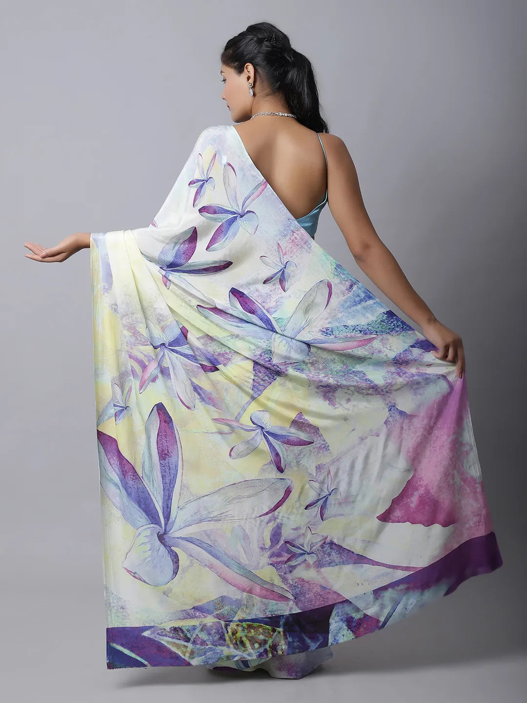 Angelfalls Crepe Saree - Soft Pastel Floral Modal Silk Crepe Saree