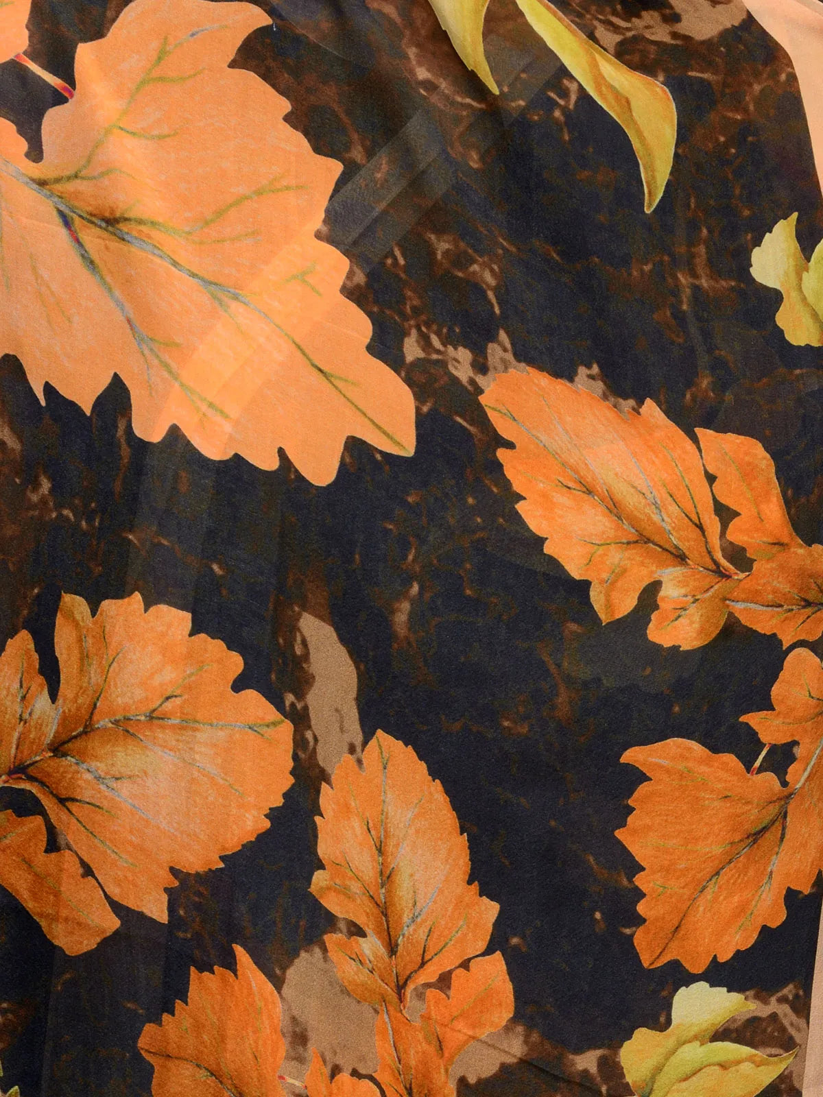 Black and Orange Maple Bloom Silk Chiffon Stole | Floral Designer Scarf