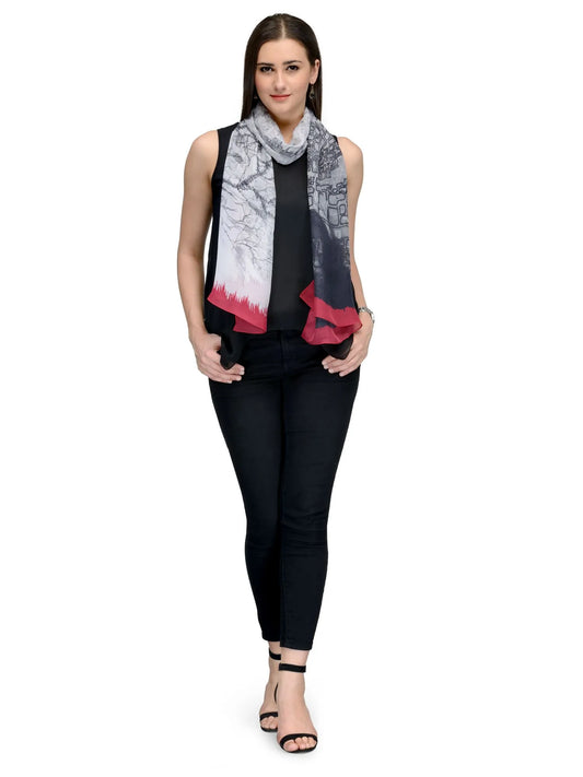 Mapped Bloom Black and White Silk Chiffon Stole with Red Border | Sketch-Inspired Scarf  