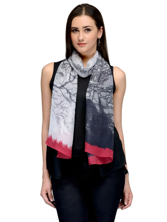 Mapped Bloom Black and White Silk Chiffon Stole with Red Border | Sketch-Inspired Scarf  