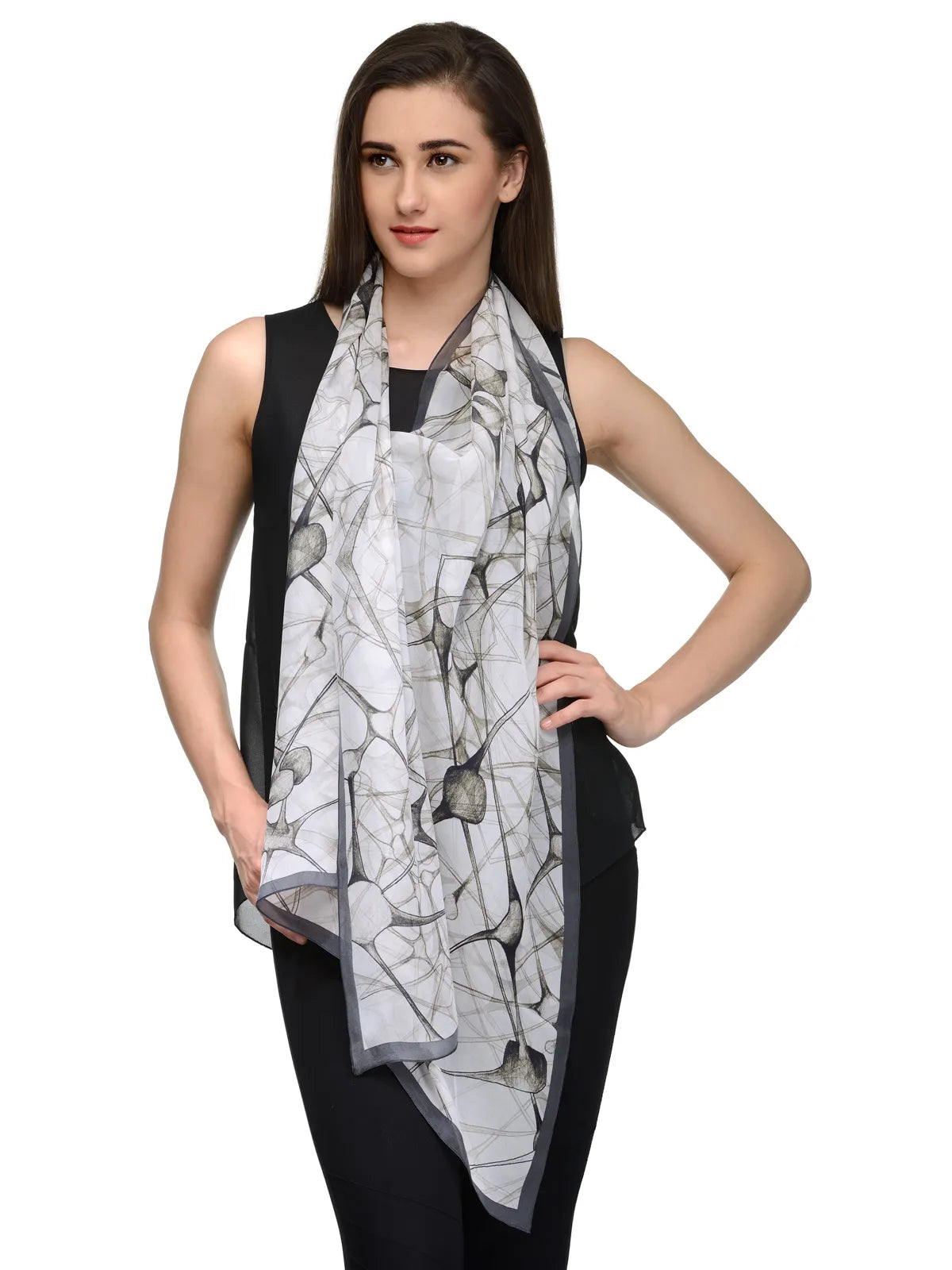 Cell Web Black and White Silk Chiffon Stole | Amoeba-Inspired Designer Sketch Scarf  