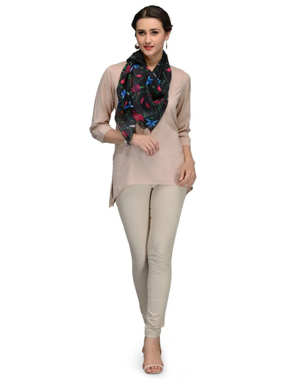 Black cotton silk scarf with jewel-toned florals