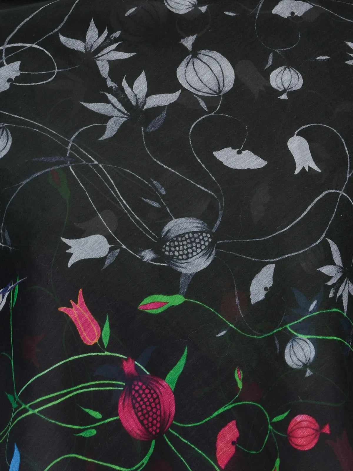 Black cotton silk scarf with jewel-toned florals
