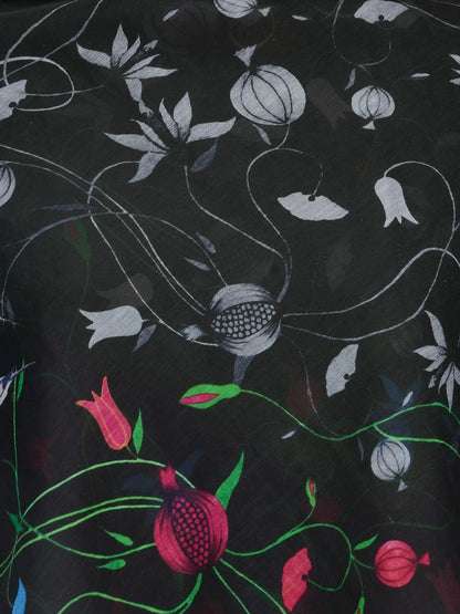 Black cotton silk scarf with jewel-toned florals