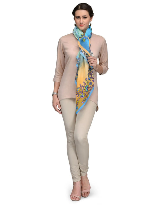 Mustard and blue cotton silk scarf with jewel florals
