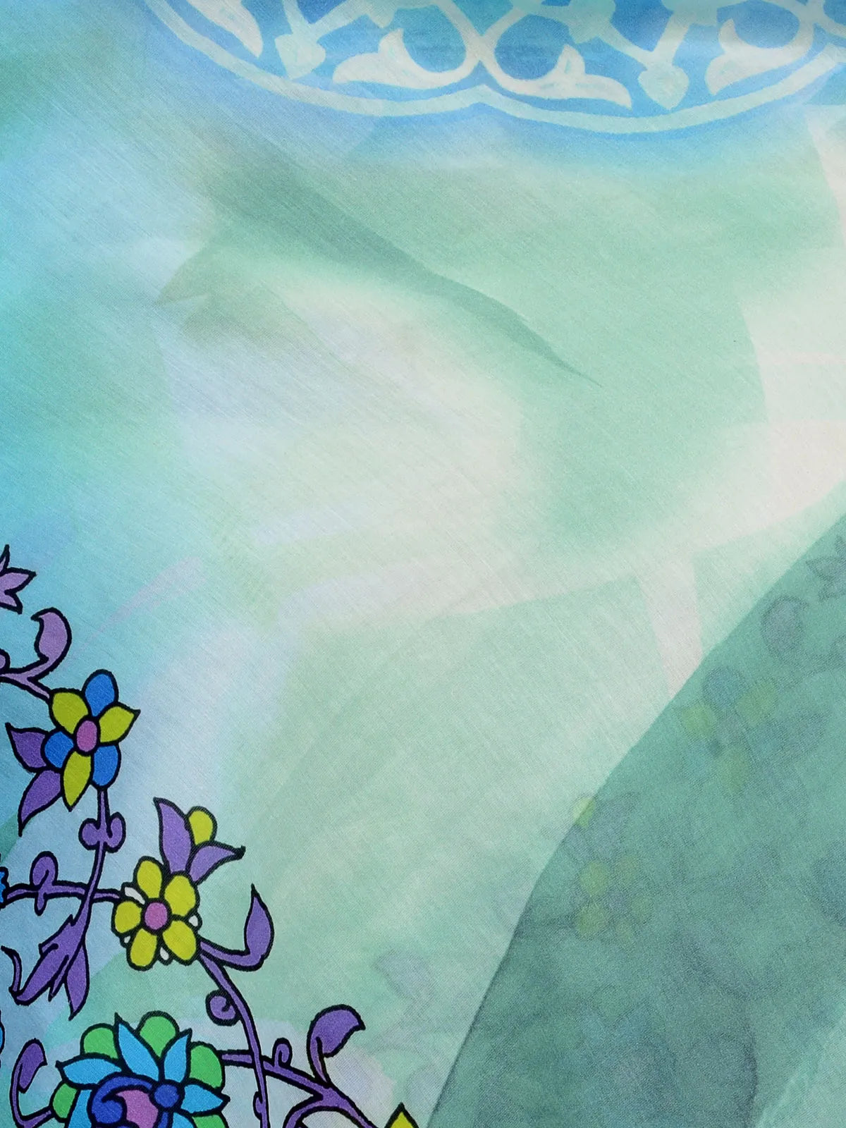 Mustard and blue cotton silk scarf with jewel florals