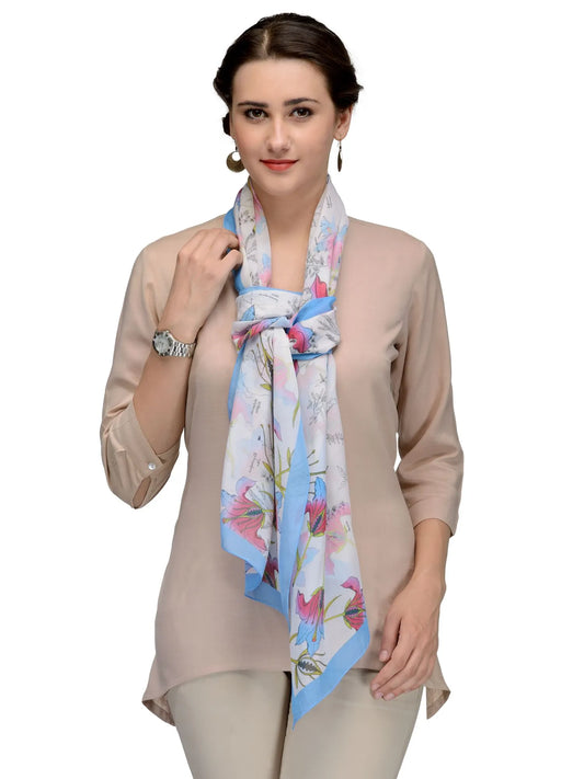 Pink and Blue Hibiscus Silk Chiffon Stole | Floral Designer Scarf 