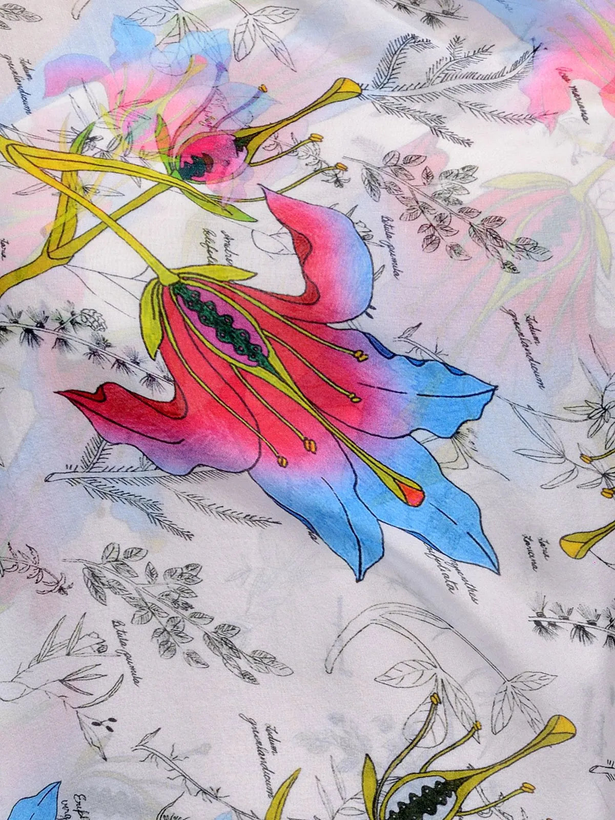Pink and Blue Hibiscus Silk Chiffon Stole | Floral Designer Scarf 