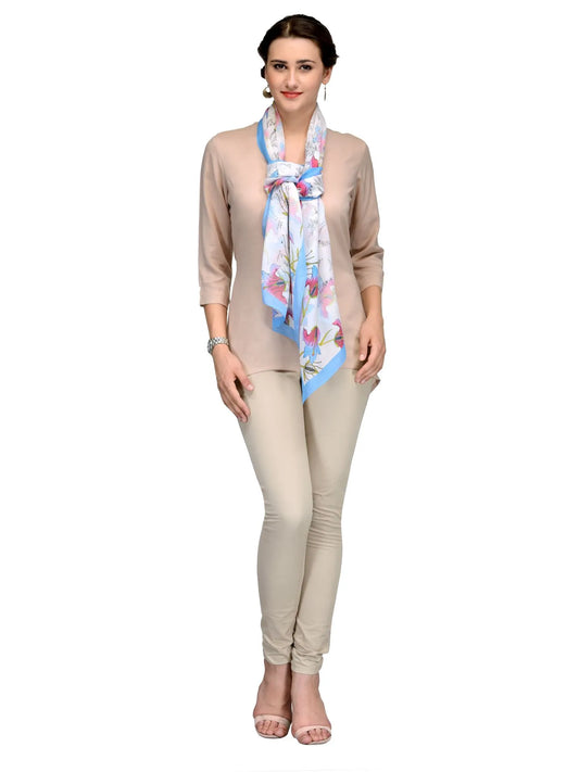 Pink and Blue Hibiscus Silk Chiffon Stole | Floral Designer Scarf 