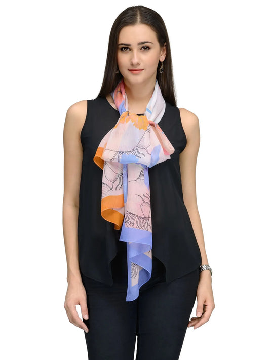 Blue and Orange Citrus Floral Silk Chiffon Stole | Sketch Print Designer Scarf  