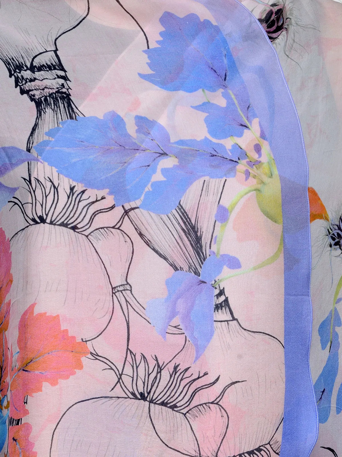 Blue and Orange Citrus Floral Silk Chiffon Stole | Sketch Print Designer Scarf  