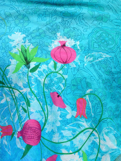 Ocean blue cotton silk scarf with pink florals
