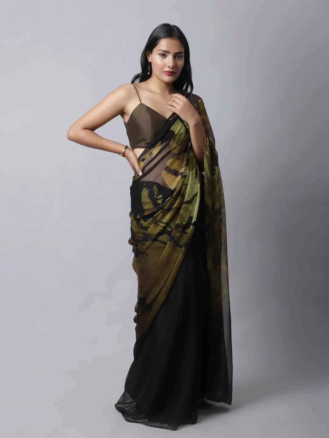 Bronze Mist Silk Chiffon Saree with earthy tones