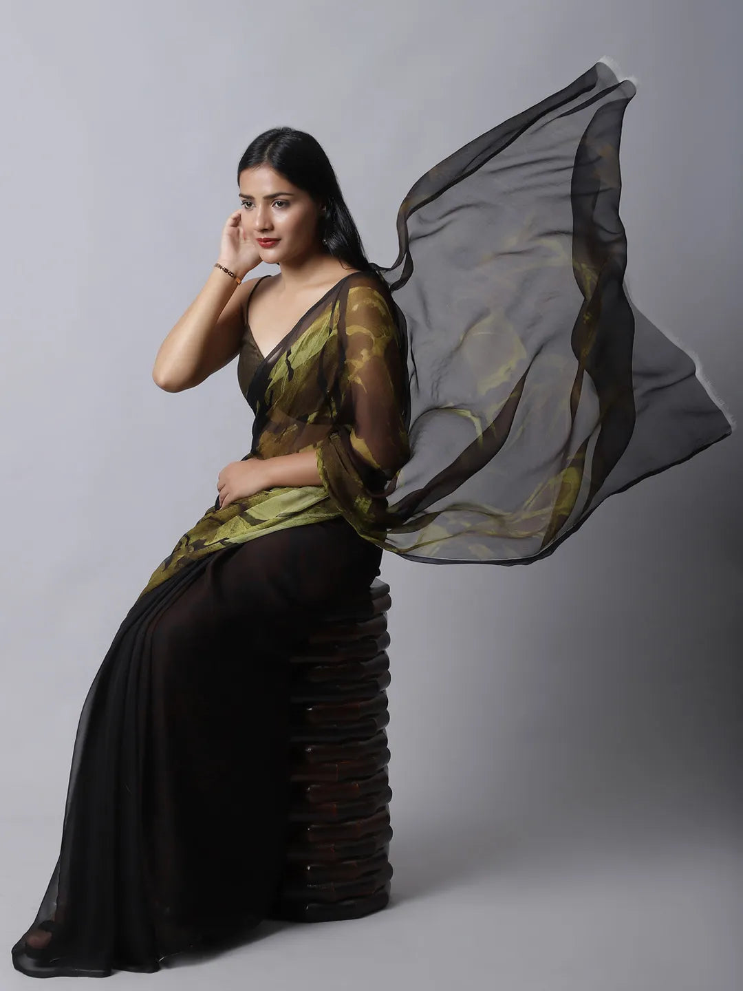 Bronze Mist Silk Chiffon Saree with earthy tones
