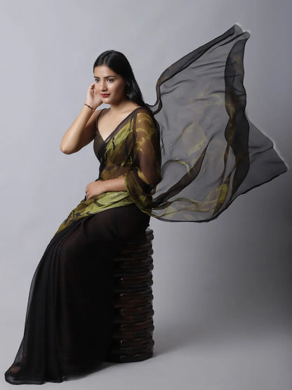 Bronze Mist Silk Chiffon Saree with earthy tones