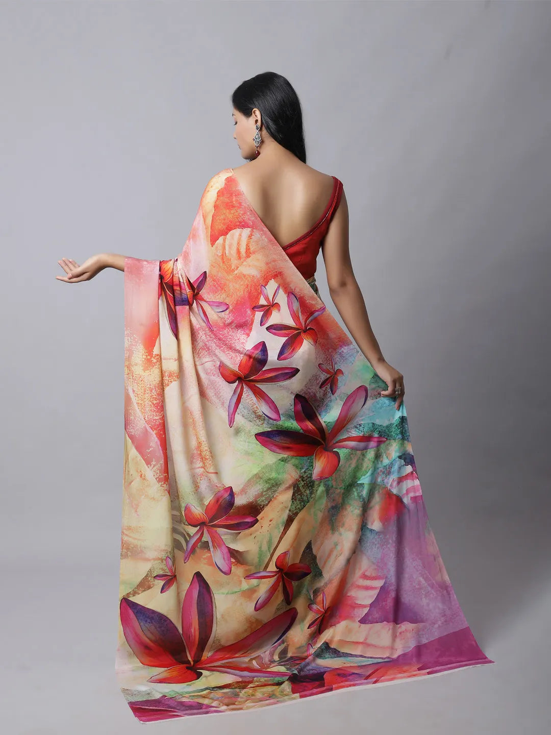 Celosia Crepe Silk Saree with vibrant floral patterns