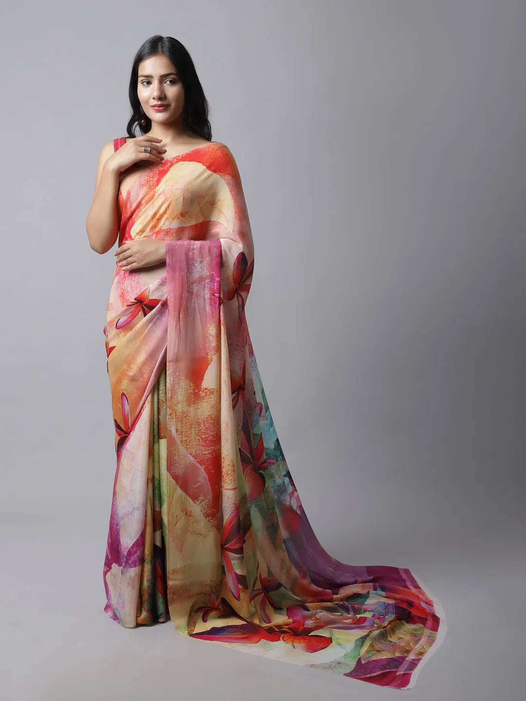Celosia Crepe Silk Saree with vibrant floral patterns