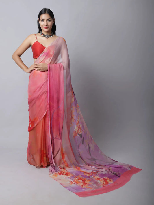 Coral Ruby Silk Chiffon Saree - Soft Pink Tones