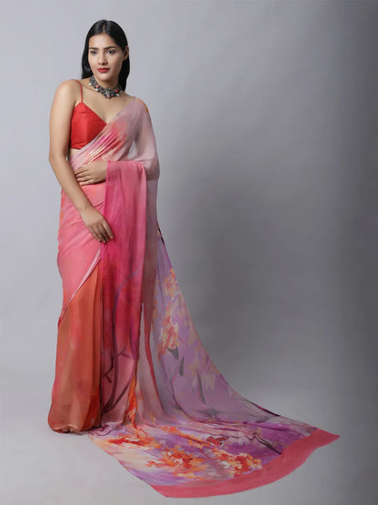 Coral Ruby Silk Chiffon Saree - Soft Pink Tones