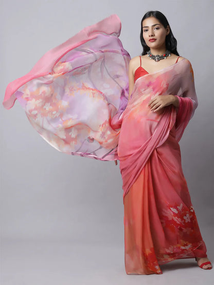 Coral Ruby Silk Chiffon Saree - Soft Pink Tones
