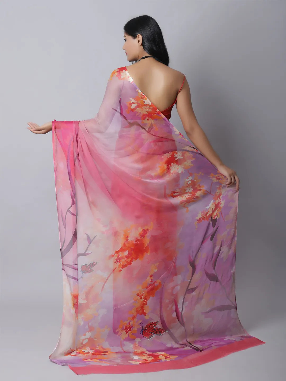 Coral Ruby Silk Chiffon Saree - Soft Pink Tones