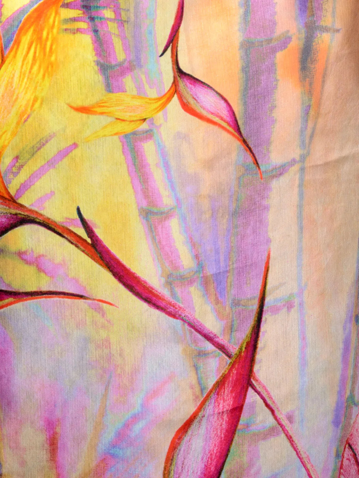 Tropical Wine Silk Satin Stole with Watercolor Bird and Bamboo on Wine Base