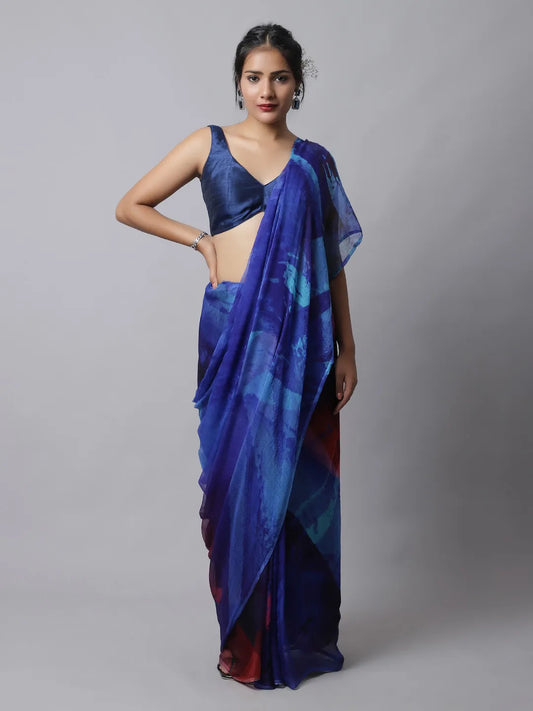 Dazzling Blue Silk Chiffon Saree with bold colors
